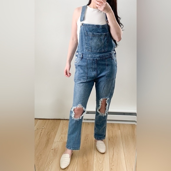 Celebrity Pink Blue Stretch Denim Overalls Distressed Large - Picture 6 of 10
